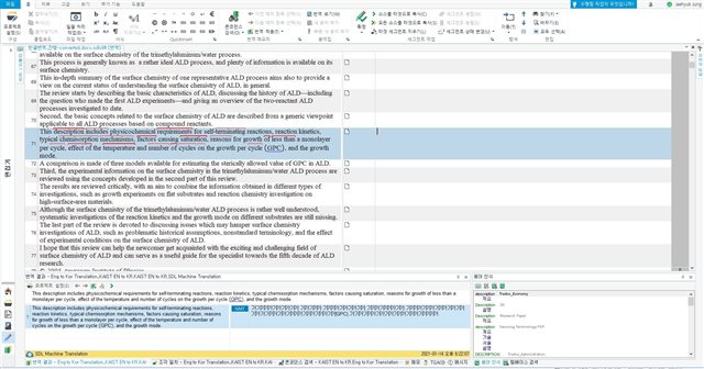 Screenshot of Trados Studio 2021 Freelance with a translation results window displaying nonsensical repeated characters ' ' in Korean, indicating an error in the NMT translation output.