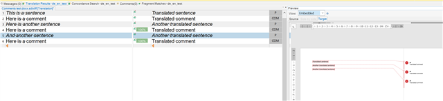 Trados Studio translation workspace showing segments of text with comments and their corresponding translated segments and comments, with error indicators on the right side.
