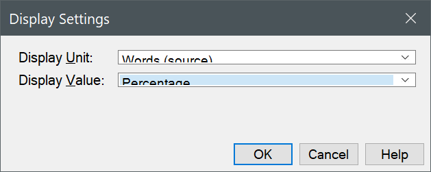 Trados Studio Display Settings dialog box with Display Unit set to 'Words (source)' and Display Value set to 'Percentage'. Buttons 'OK', 'Cancel', and 'Help' are visible.