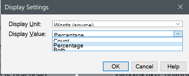 Trados Studio Display Settings dialog box with Display Unit set to 'Words (source)' and Display Value dropdown showing options 'Count', 'Percentage', and 'Both'.