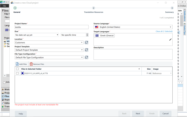 Trados Studio error message stating 'The project must include at least one translatable file' while trying to create a new cloud project with a TTX file added.