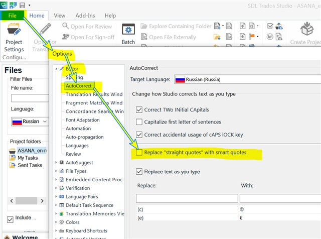 Trados Studio Options menu with AutoCorrect settings for Russian language. Highlighted option to replace straight quotes with smart quotes is unchecked.