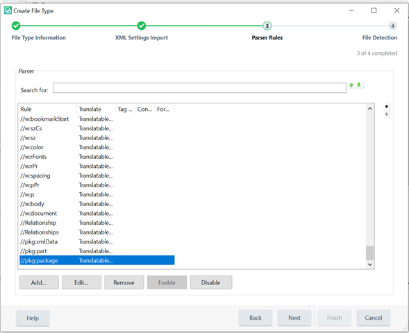 Trados Studio screenshot showing the XML Settings Import tab with Parser Rules and a list of XML elements set to translatable.