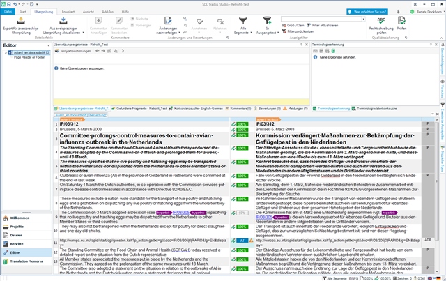 Screenshot of Trados Studio interface showing a bilingual document with source text in English and target text in German. Amendments are highlighted in yellow.