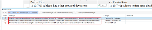 Messages Window in Trados Studio showing three errors related to translation providers: 'Object reference not set to an instance of an object.'