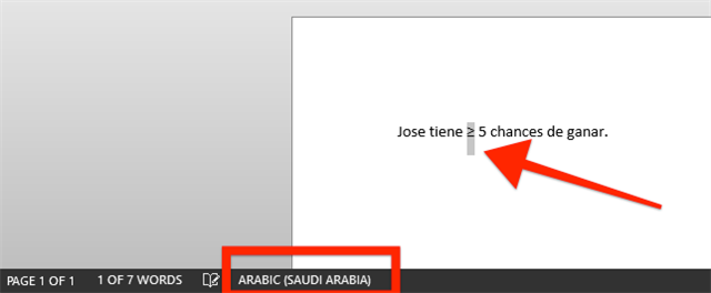 Screenshot displaying the same sentence, but the greater than or equal to symbol is incorrectly marked as Arabic (Saudi Arabia).