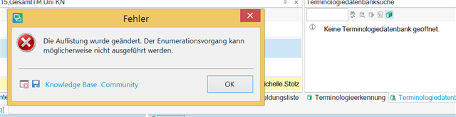 Trados Studio error message box in German indicating a problem with enumeration process, with options for Knowledge Base and Community.