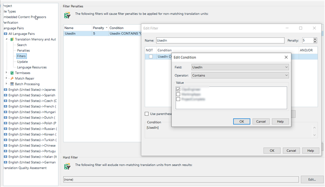Screenshot of Trados Studio filter penalties settings showing a penalty for non-matching 'UsedIn' field values with a condition set to 'Contains'.