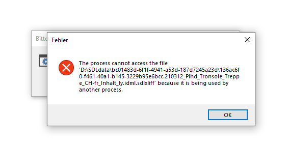 Error message in Trados Studio stating 'The process cannot access the file because it is being used by another process' with a file path and an OK button.