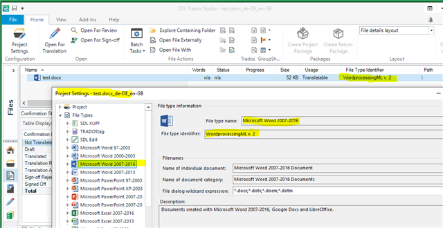 Screenshot of Trados Studio showing the File view with a selected file named 'test.docx' and its File Type Identifier as 'WordprocessingML w_2'.