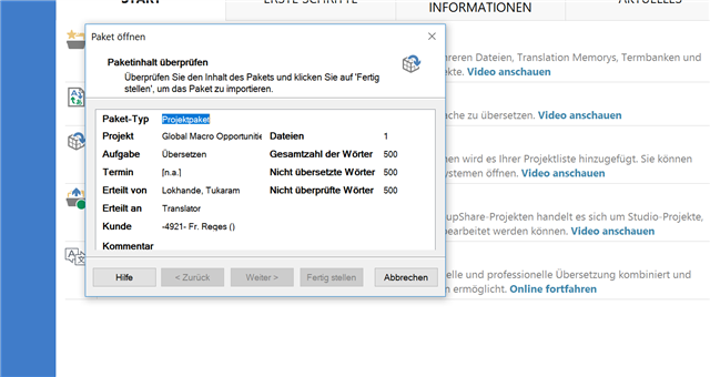 Trados Studio 2015 screenshot showing greyed out fields when opening a package, indicating an error in accessing project details.