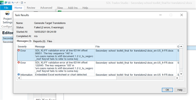 Screenshot of Trados Studio showing Task Results with 2 errors. Error messages indicate 'SDLXliff validation error at line 6314 offset 86051: The key sequence '1' in 'urn:oasis:names:tc:xliff:document:1.2'...' and 'Embedded Excel worksheet or chart detected.'