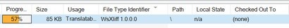 Screenshot of Trados Studio Files view showing a WsXliff file with details such as progress, size, and file type identifier, but no local state or checked out information.