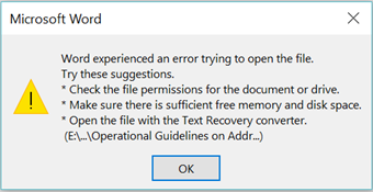 Microsoft Word error dialog box with a warning icon. Text reads: 'Word experienced an error trying to open the file. Try these suggestions. Check the file permissions for the document or drive. Make sure there is sufficient free memory and disk space. Open the file with the Text Recovery converter.'