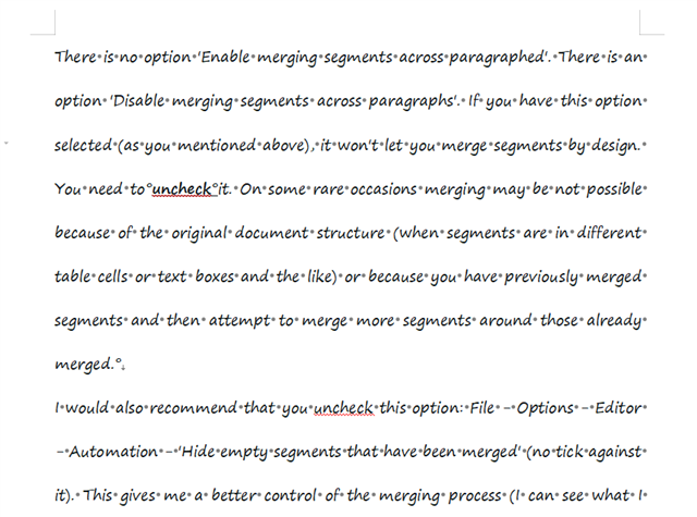 Text excerpt explaining that 'Enable merging segments across paragraphs' option does not exist and 'Disable merging segments across paragraphs' must be unchecked to merge.