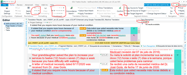 Screenshot of Trados Studio interface with small menu icons and text, red circles highlighting the issue, and a red arrow pointing to the 'Tell me what you want to do' search bar.