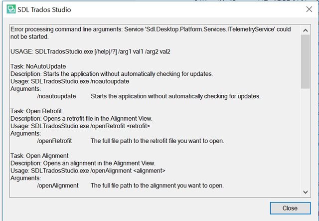 Error message in Trados Studio stating 'Error processing command line arguments: Service 'Sdl.Desktop.Platform.Services.ITelemetryService' could not be started.' followed by usage instructions for various tasks such as NoAutoUpdate, Open Retrofit, and Open Alignment.