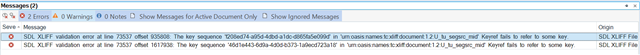 Screenshot of Trados Studio showing two error messages in the Messages panel. Both errors are XLIFF validation errors at line 73557, with different offset numbers and key sequence codes.