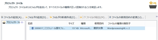 Trados Studio project creation screen showing a file named '3999017_ _ .docx' with a size of 157 KB and file type 'Microsoft Word' with WordprocessingML v.2 identified.