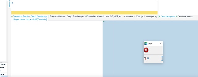 Screenshot of Trados Studio 2021 interface with a small error dialog box displaying 'Error' next to a red cross, overlapping the translation results section.