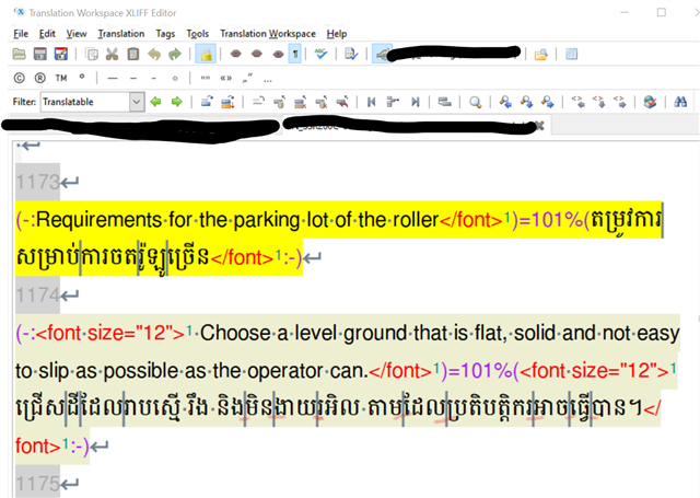 Screenshot of Trados Studio XLIFF Editor with highlighted text showing Khmer characters and formatting tags, with no visible errors or warnings.
