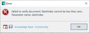 Error dialog box in Trados Studio with message: Failed to verify document; StartIndex cannot be less than zero. Parameter name: startIndex.