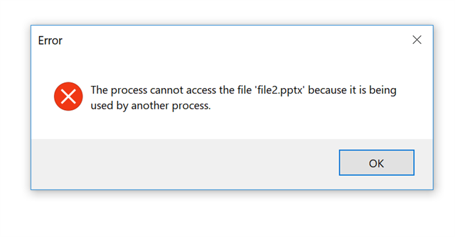 Error message in Trados Studio stating 'The process cannot access the file 'file2.pptx' because it is being used by another process.' with an OK button.