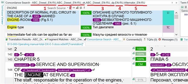 Screenshot of Trados Studio interface showing a concordance search result with multiple translation memory (TM) tabs labeled 1 to 5 at the top.