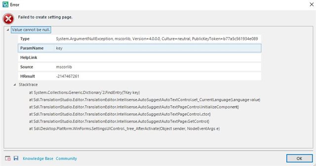 Error message in Trados Studio 2017 stating 'Failed to create setting page' with details of a 'Value cannot be null' ArgumentNullException.