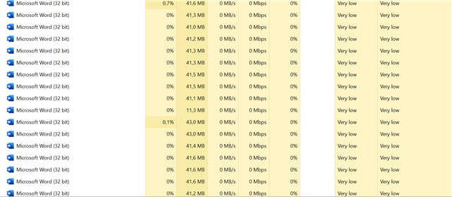 Screenshot of Task Manager showing multiple instances of Microsoft Word (32 bit) with increasing memory usage.