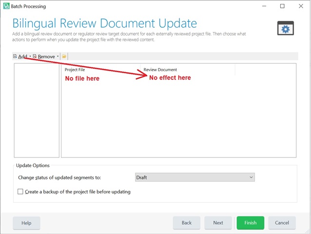 Screenshot of Trados Studio's Bilingual Review Document Update window showing empty Project File section and non-responsive Review Document section.
