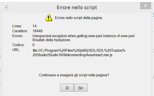 Script error message with warning icon stating 'Unexpected exception when getting view part instance of view part Translation results' and asking if the user wants to continue running scripts on the page with Yes and No buttons.