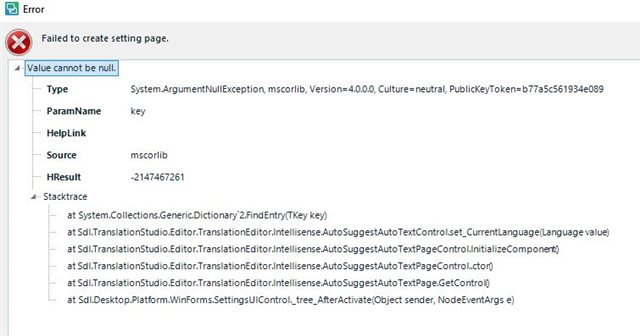 Error message in Trados Studio stating 'Failed to create setting page' with a 'Value cannot be null' warning and a stack trace listing various system and Trados Studio components.