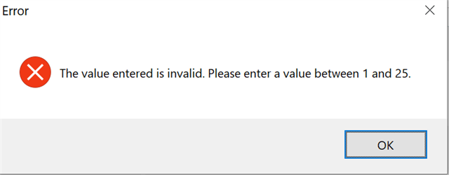 Error message in Trados Studio stating 'The value entered is invalid. Please enter a value between 1 and 25.' with an OK button.