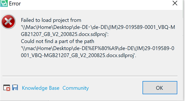 Error message in Trados Studio stating 'Failed to load project from specified file path. Could not find a part of the path.' with options for Knowledge Base and Community below.