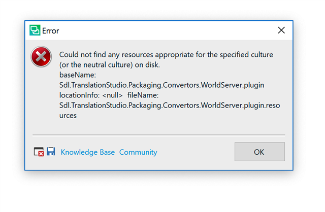 Error message in Trados Studio stating 'Could not find any resources appropriate for the specified culture on disk' with file paths for WorldServer.plugin.