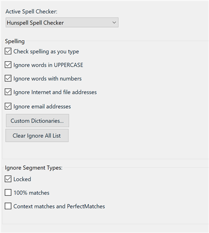 Trados Studio settings window showing options under 'Active Spell Checker' with 'Hunspell Spell Checker' selected. Options include 'Check spelling as you type', 'Ignore words in UPPERCASE', 'Ignore words with numbers', 'Ignore Internet and file addresses', 'Ignore email addresses', and 'Ignore Segment Types' with 'Locked', '100% matches', and 'Context matches and PerfectMatches' checkboxes.