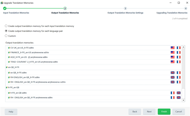 Screenshot of Trados Studio Upgrade Translation Memories window with options to create output translation memory for each input memory or language pair, showing a progress bar with 2 of 4 completed.