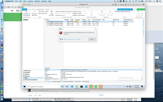 Trados Studio error message 'Unexpected exception when initializing view part: Concordance' with an Accept button.