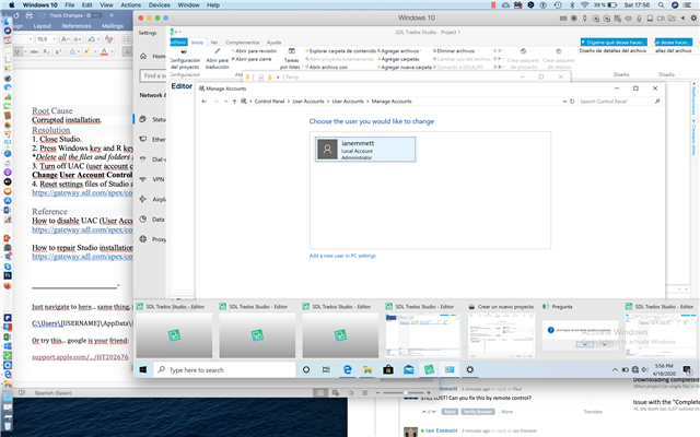 Trados Studio screenshot showing an 'Account Management' window with options 'iamtest' and 'Administrator'. Multiple windows are open in the background.