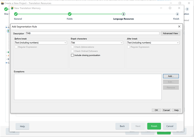 Trados Studio 'Create a New Project - Translation Resources' window with 'Add Segmentation Rule' dialog open, showing fields to input 'Description', 'Before break', 'Break characters', and 'After break'.
