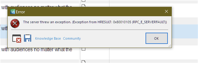 Error dialog box in Trados Studio with message: The server threw an exception. (Exception from HRESULT: 0x80010105 (RPC_E_SERVERFAULT))