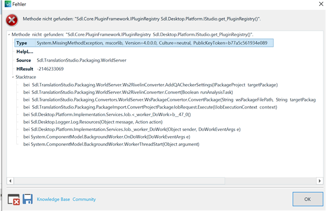 Error message in Trados Studio 2021 displaying 'Method not found' with details about missing method in Sdl.Core.PluginFramework and a stack trace of the error.