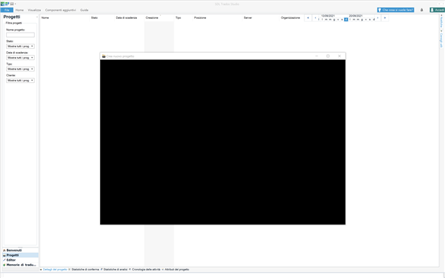 Trados Studio 2021 interface on Mac with Parallels showing a frozen 'New Project' window that is unresponsive and completely black.