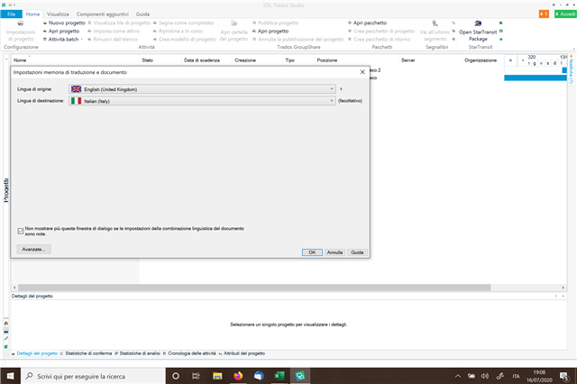 Trados Studio 2017 interface showing a new project creation window with source language set to English (United Kingdom) and target language set to Italian (Italy). No translation memory or TM is proposed in the list.