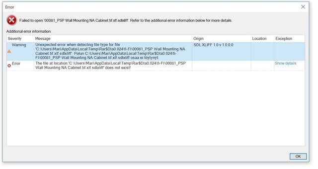 Error dialog in Trados Studio 2019 showing a warning for an unexpected error when detecting file type for a specific file path, with an option to show details.