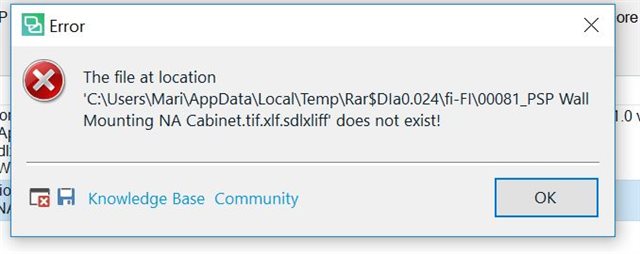 Error message in Trados Studio 2019 indicating that a file at a specified location does not exist, with buttons for Knowledge Base and Community.