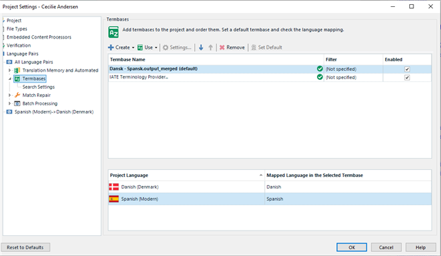 Trados Studio project settings showing Termbases section with 'Dansk-SpanishOutput_merged' termbase set as default and language mapping for Danish and Spanish.