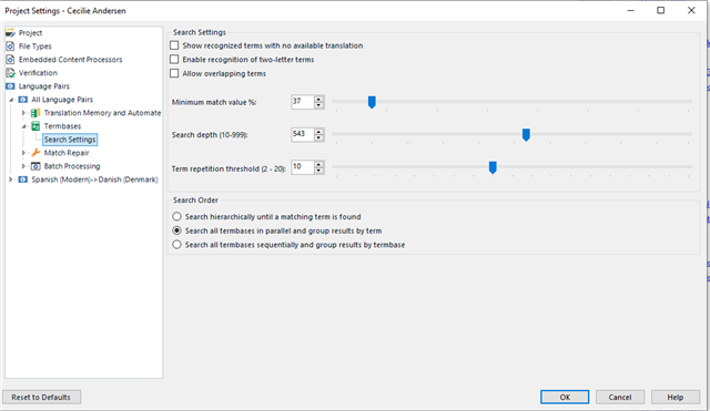 Trados Studio project settings displaying Search Settings with options for term recognition and search order, but no visible errors or warnings.