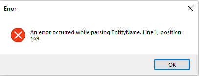 Error dialog box in Trados Studio with a red cross icon, displaying the message 'An error occurred while parsing EntityName. Line 1, position 169.' with an OK button.